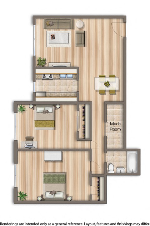 Floor plan for 2 beds, 1 bath, 975 sqft